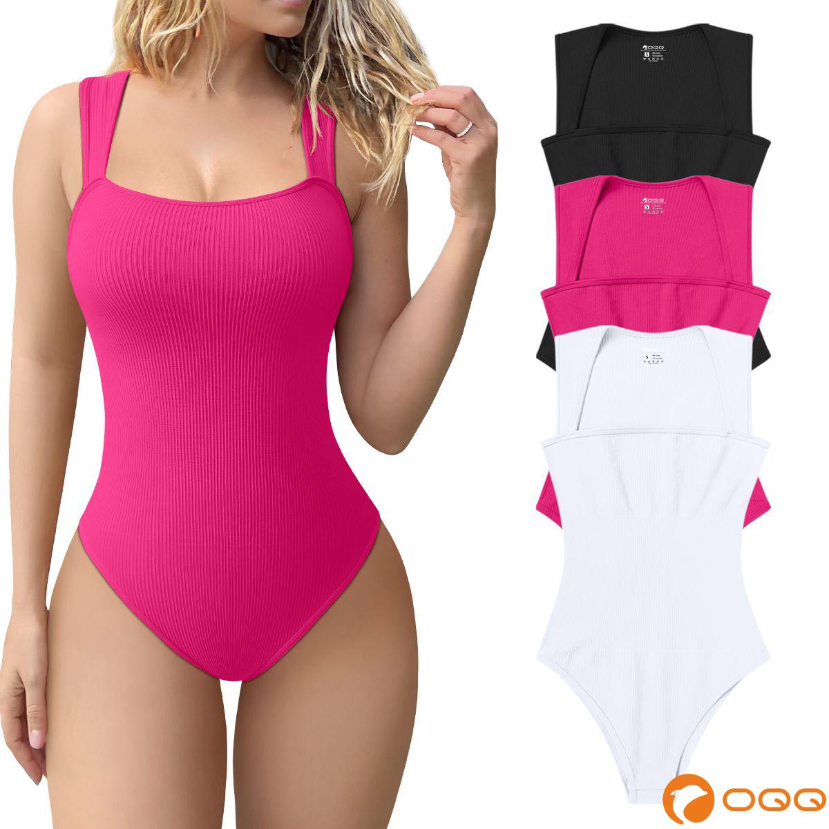 OQQ Women's 3 Piece Ribbed Bodysuits - Sexy Square Neck Sleeveless Tank Top Design - Stretchy  Soft Womenswear Underwear Lady Comfort Trendy Girl Party,summerwins,summeroutfits,vacationoutfits,beachoutfits