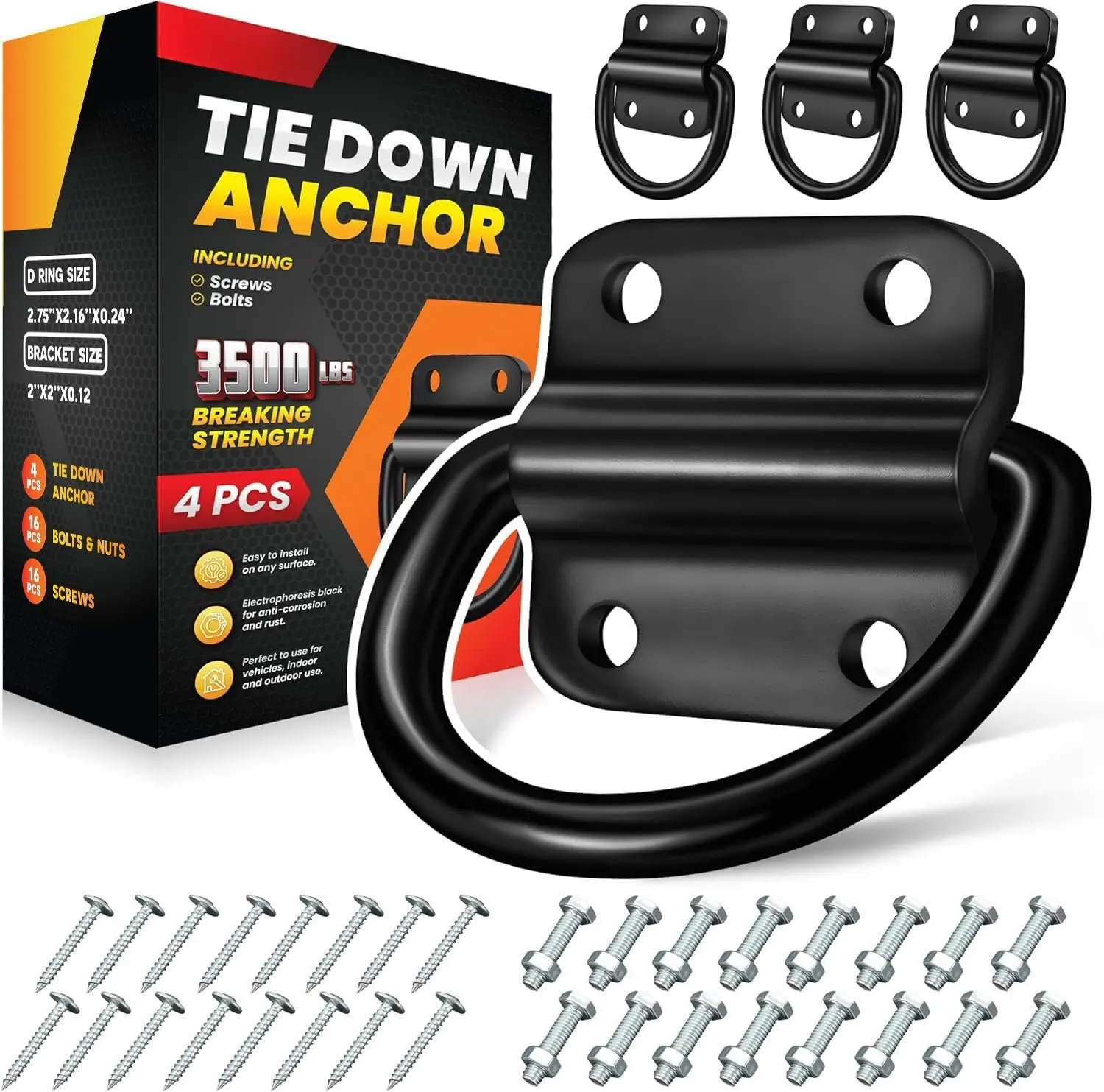 4 count Heavy Duty Steel D Rings Tie Down Anchors, Ultra Durable 3500 Pound Breaking Strength Surface Mount Hooks Securing Cargo for Trailer,  Bed, with Screws &