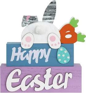 Easter Decorations 3-Layered Easter Bunny with Carrots Farmhouse Wood Block Easter Egg Design Living Room Tables Mantel