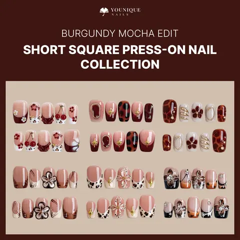 Younique Nails Square Muse Collection Handmade Reusable Luxury Acrylic Short Square Tip False Nails & Accessories Kit, Cute Everyday Wear, French Glossy Tip, Sea Blue Floral Detail, Baby Pink Base, Nude Design, Rhinestones, Mixed Sizes, Holiday-Ready