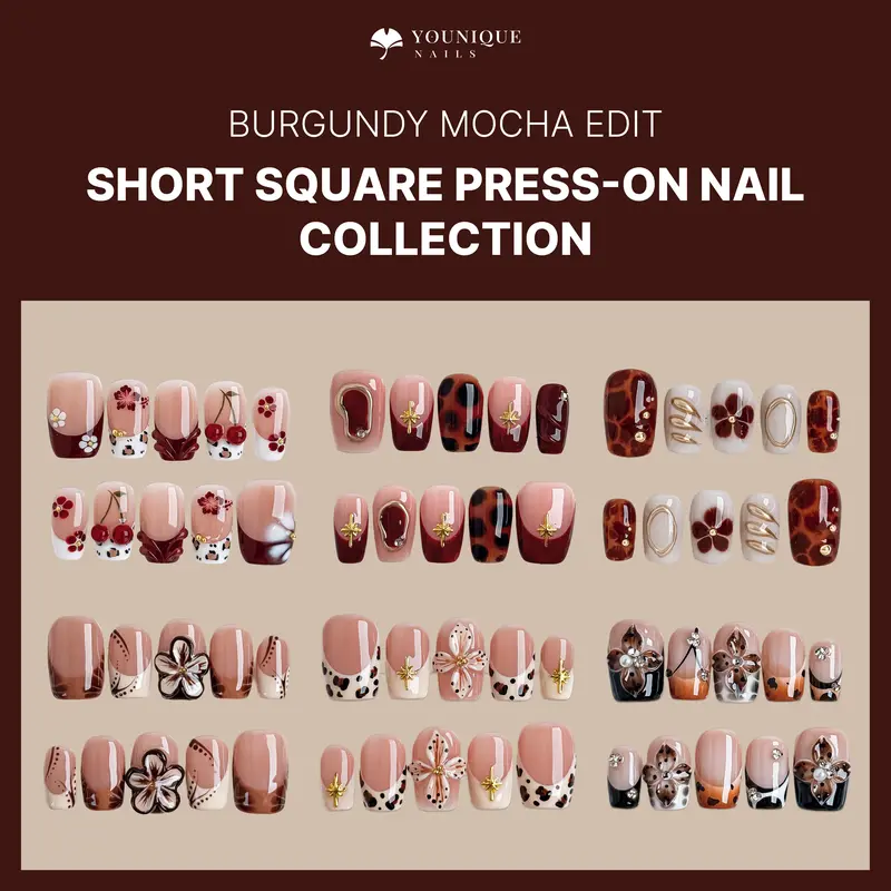 Younique Nails Square Muse Collection Handmade Reusable Luxury Acrylic Short Square Tip False Nails & Accessories Kit, Cute Everyday Wear, French Glossy Tip, Sea Blue Floral Detail, Baby Pink Base, Nude Design, Rhinestones, Mixed Sizes, Holiday-Ready