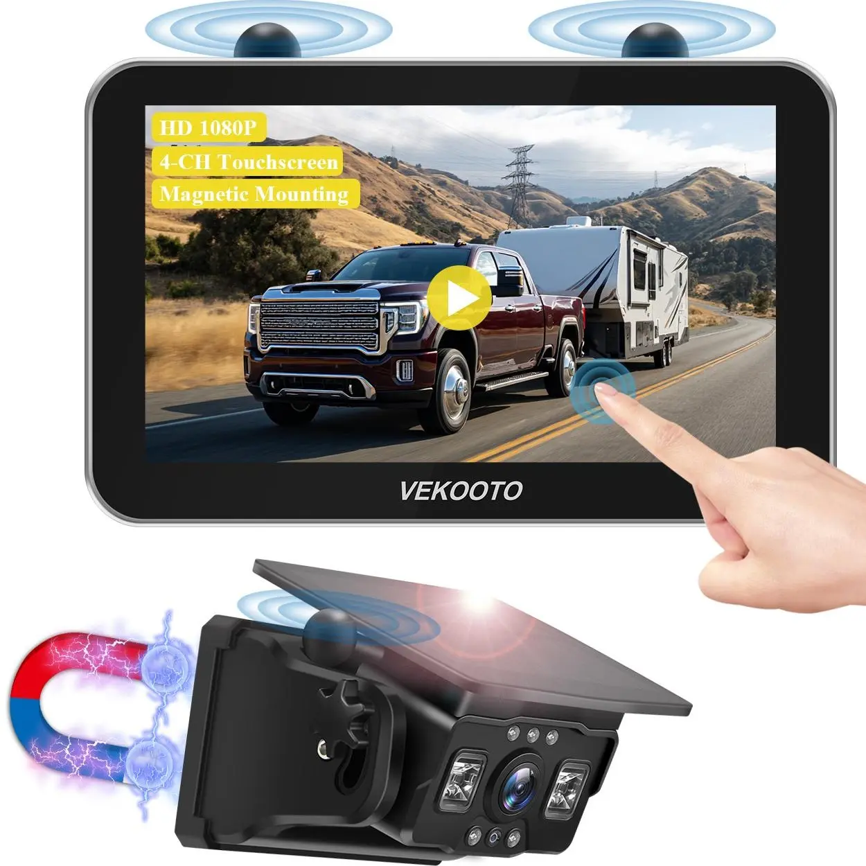 VEKOOTO VK7 Pro Magnetic Solar Wireless Backup Camera 7'' IPS Touchscreen Monitor IP69 Waterproof HD1080P No Wiring Rechargeable Camera for RV Trailer Camper Blind Spot Truck Automotive Backup Camera for Truck IR Night Vision farmer