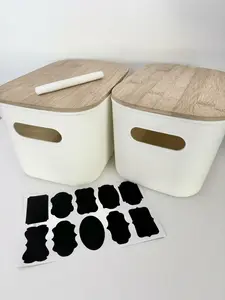 Generic Plastic Stackable Storage Bins with Bamboo Lid 2 PCS White 10x7in