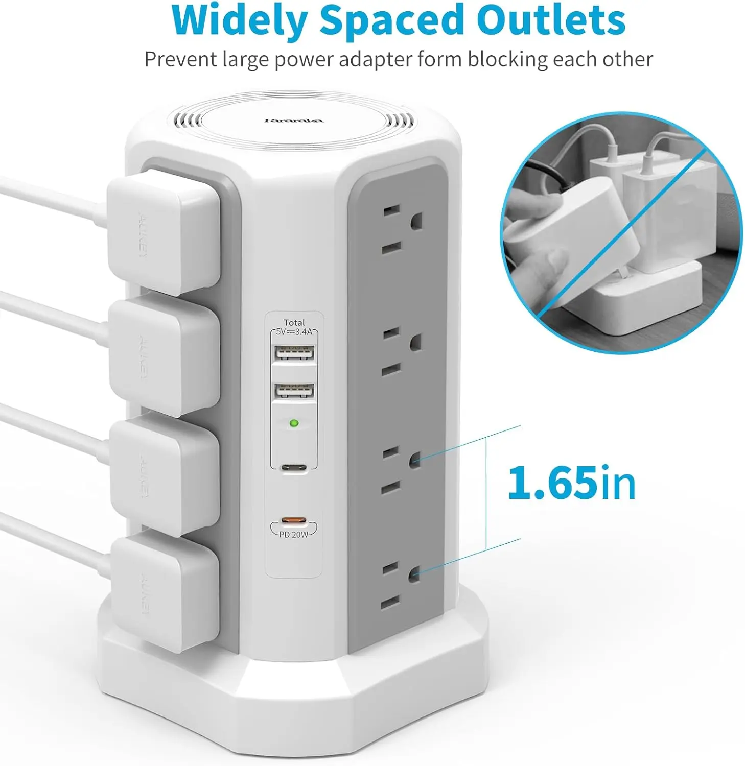 4-Layer Power Tower Surge Protector with 2 USB-C & 2 USB-A Charging Ports, Desktop Power Strip with Extension Cord, Multi Outlet Charger for Home Office, Dorm & Travel plug plug-in device multifunctional