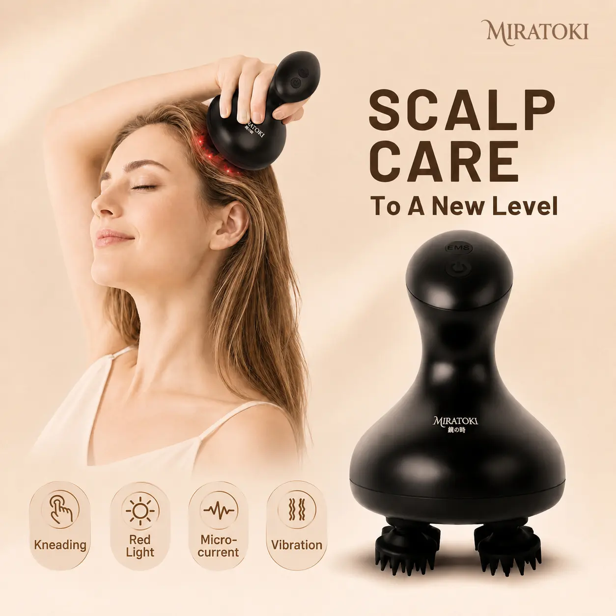 MIRATOKI CocoWave 4-in-1 Face & Scalp Massager, True Japanese Shiatsu Technology, Red Light for Healthier Scalp, Electric Head Spa Device Rotate Kneading and Vibration for Facial Massage, Scalp Care, Neck & Body Relaxation