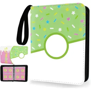 4 Pocket Card Binder 400 Card Holder Album, Pink Donut Trading Cards Holder Zipper Binder for Girl Teen Collection (Green Donut, 400 Pocket)