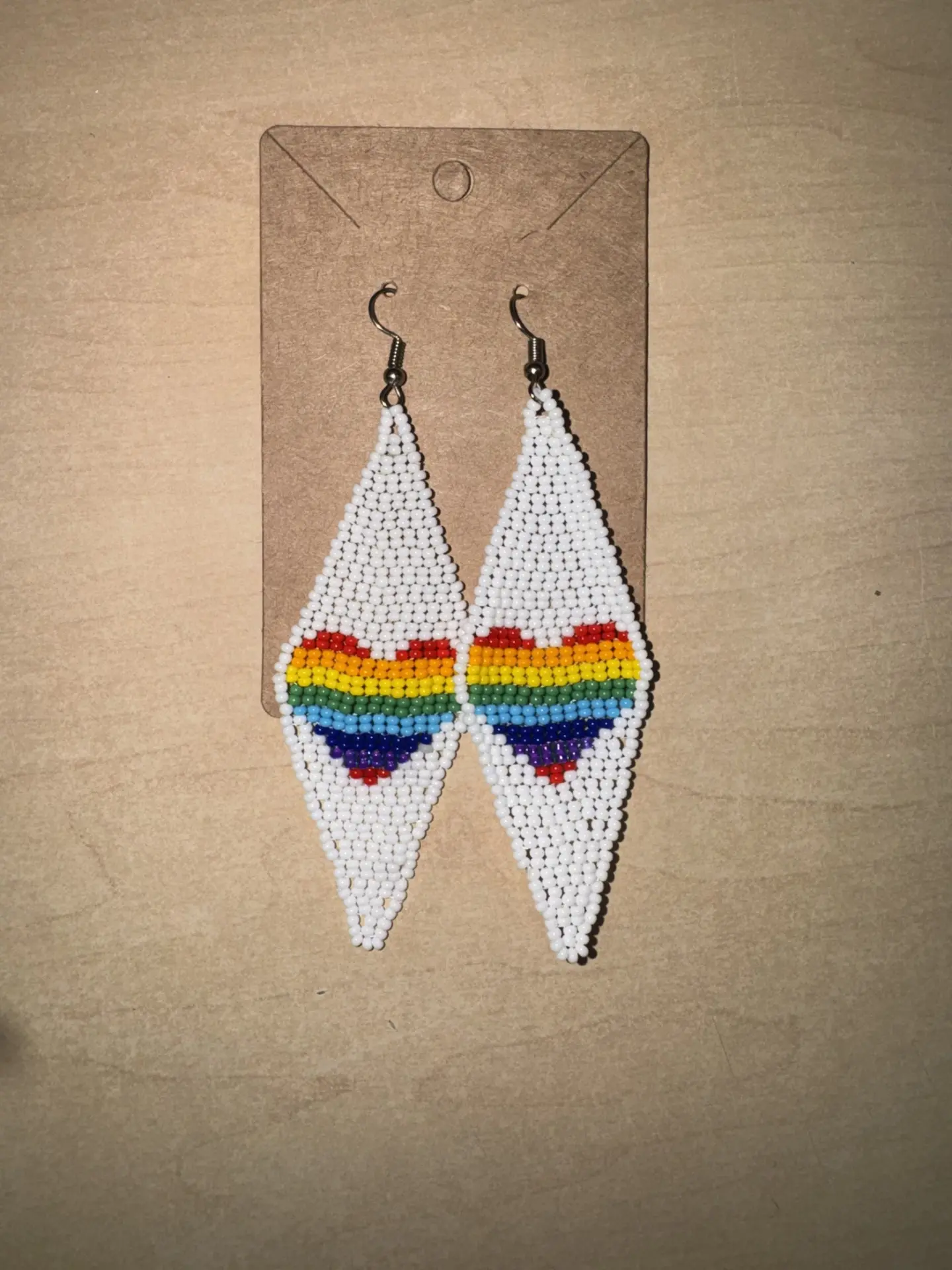 Women's Dainty Look Earrings, Handmade Diamond Shape Chaquira Beads with Rainbow Heart Design for Casual Daily Wear, Diamond Shapes, Female Wear