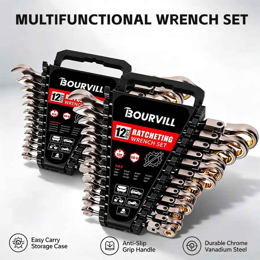 【Summerfinds】 Flex-Head Ratcheting Wrench Set - SAE & Metric Cr-V Steel Multifunctional Wrench Set with storage rack, Tools and Gadgets Work/Mechanic Tools for Household & Automotive Repairs, Silver