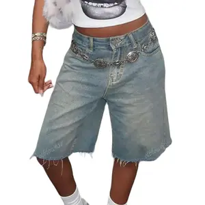 Y2K Street Vintage Slant Pocket Distressed Ripped Raw Hem Wide Leg Bermuda Denim Shorts Knee Length Jeans Comfy Jorts Cropped Pants For Music Festival Blue Casual