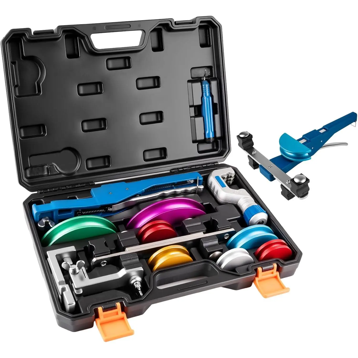 15-piece copper pipe bending tool set, suitable for pipes with an outer diameter of 1/4"-7/8".Pipe, 90° Reversible 7-head pipe bender, upgraded version of copper pipe bending tool, suitable for HVAC systems