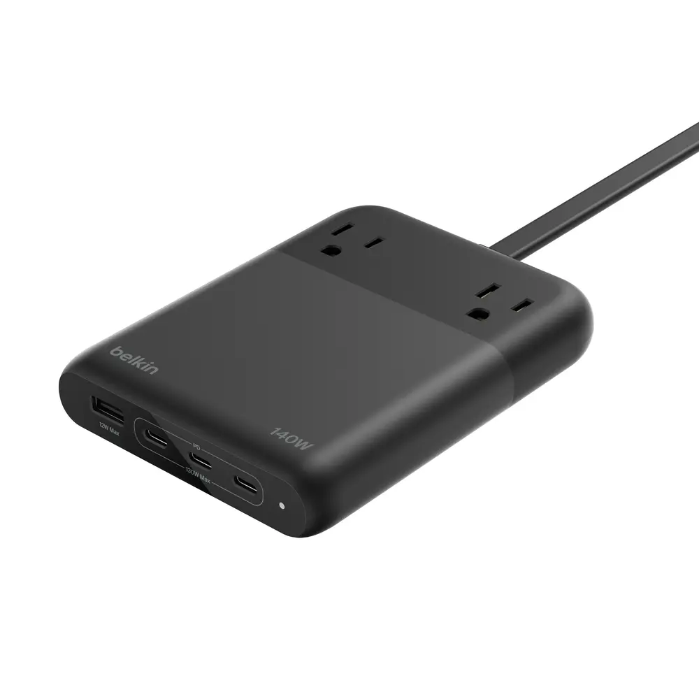 Belkin 2-Outlet Charging Station - 140W, Black, USB-A Port, 3 USB-C Ports, Rubber & Plastic Construction, Plug-In for Cellphone & Electronic Devices, Mobile