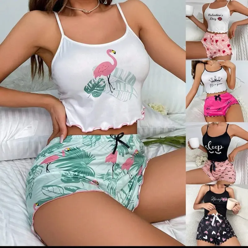 Women’s Heart Print 2-Piece Pajama Set – Cami Crop Top & Shorts