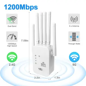 6-Antenna WiFi Extender 2025 1200Mbps Dual Band Booster Covers 12,000 sq ft & 100 Devices Repeater with Ethernet Port for Home Office Use - High Speed