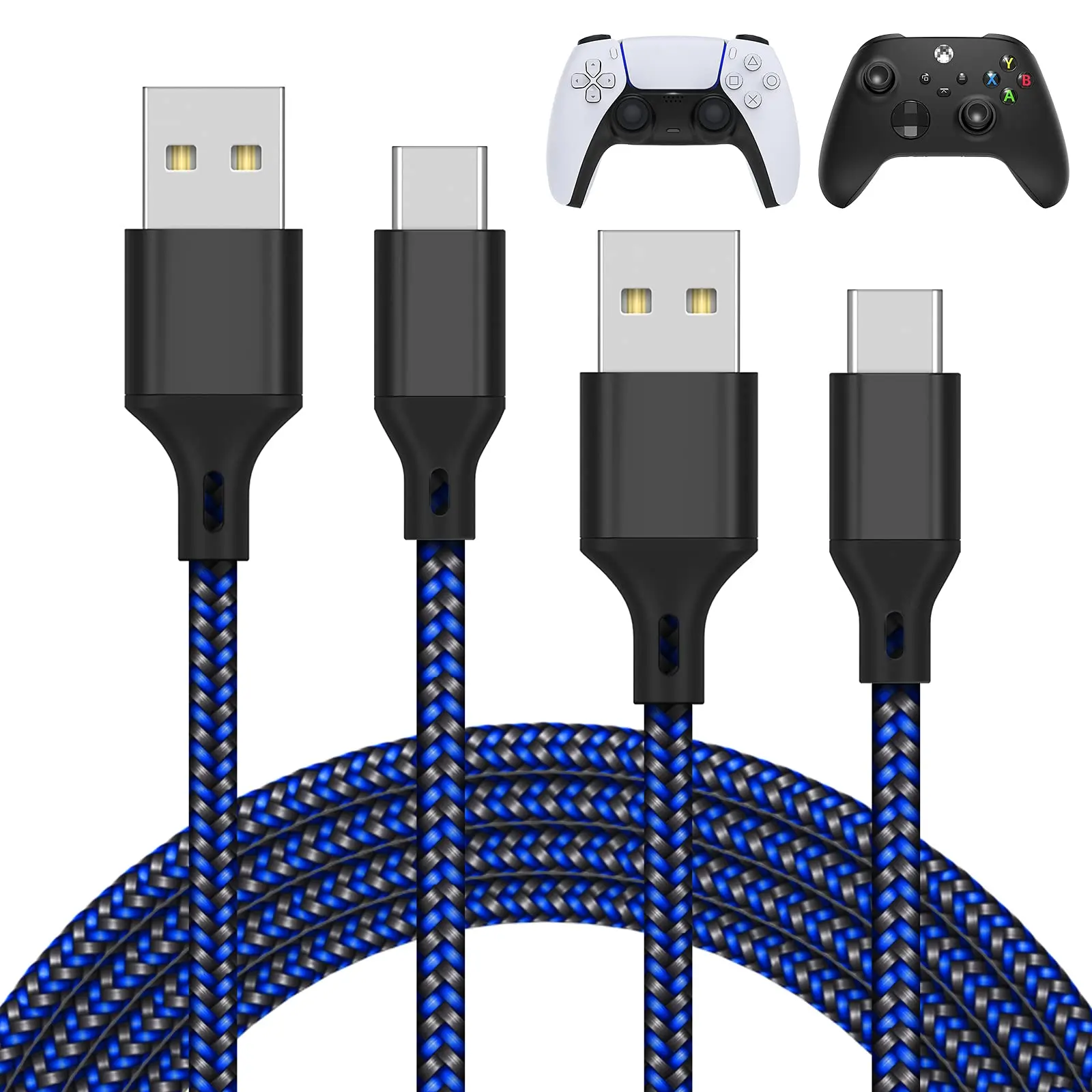 MENEEA 2-Pack 10FT Nylon Braided USB Type-C Charging Cable Kit, 5V/2A Charger Supports Data Transfer for PS5/PS5 Pro, Xbox Series X/S (Blue)