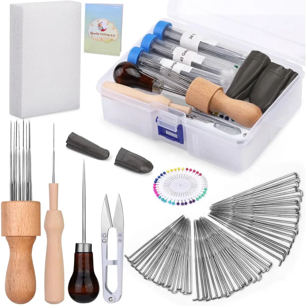 60-Piece Needle Felting Kit with 60 Needles (20 x 40 Gauge, Anti-Rust Oil Coating to Prevent Rust), Wood Handle, Foam Mat, Scissors, Finger Cots, Storage Box, Wool Felt DIY Crafting Supplies for Animal Ornaments, Plastic, Unisex
