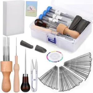 DIY Felt Crafts Needle Felting Tool Kit with 60 Needles, Anti-Rust Coat, Foam Mat, Wooden Handle, Scissors, Storage Box, Finger Cots & Wool Supplies for DIY Felt Projects