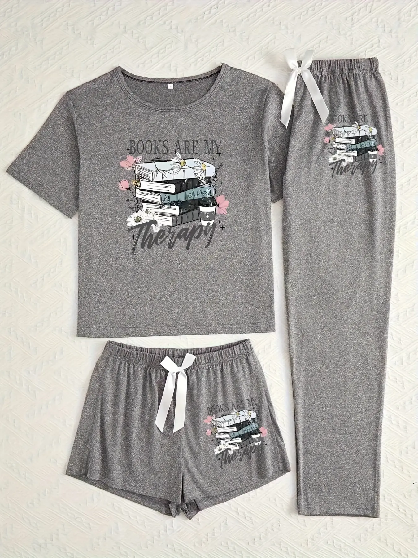 Floral Book Three-Piece Set, Women's Loose-Fitting Baggy Round Neck Cartoon Pattern, Casual Home Wear, All-Seasons Comfortable, Single Unit Count, Pants
