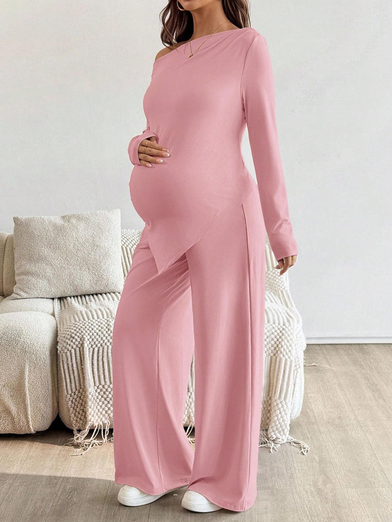 ZESTY MATERNITY Pregnant Women Casual Solid Color Asymmetric Top And Pants Set Stylish Maternity Two Piece Set Everyday Wear Autumn Season