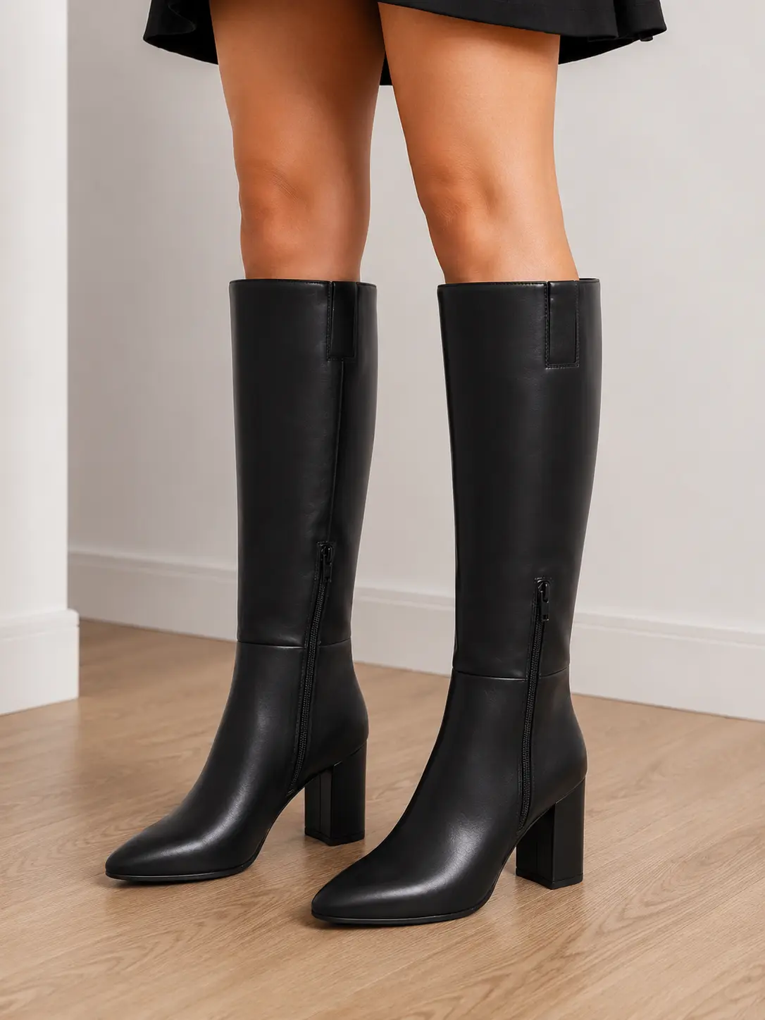 Women’s Evangeline Under Knee Heeled Boots w/ Memory Foam Insole – Black Tall Fashion Boots