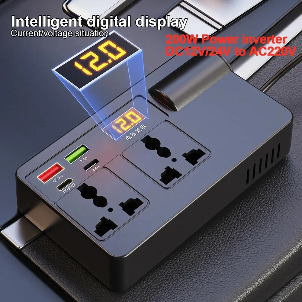 200W DC 12V/24V to AC 220V Converter Car Inverter Car Power Adapter Converter 7 Ports QC3.0 Type-C USB Chargers AC Socket