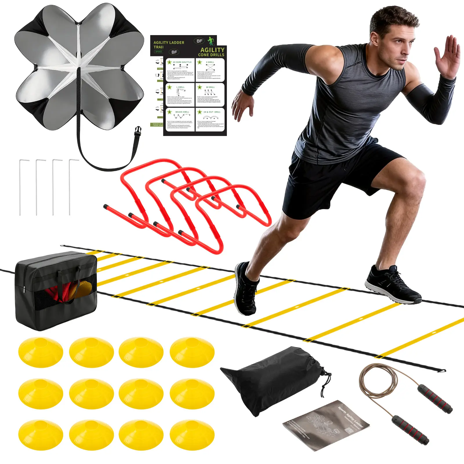 Agility Ladder Training Set with Speed Parachute, Hurdles, Cones, Jump Rope, Athletic Speed & Coordination Workouts Equipment, Athlete Training, Performance Training