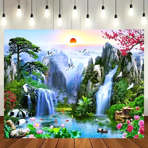 Waterfall Tapestry Asian Landscape Backdrop Cherry Blossom Crane Theme Wall Hanging Photography Background Nature Decor for Living Room Bedroom Indoor Outdoor Home Decoration