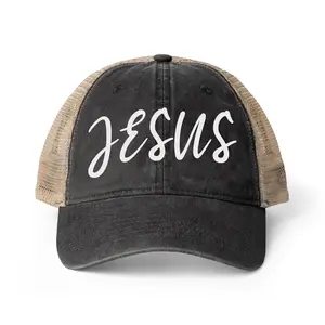 "Jesus" Women's Washed Mesh-Back Cap with pony tail cutout and under brim pattern