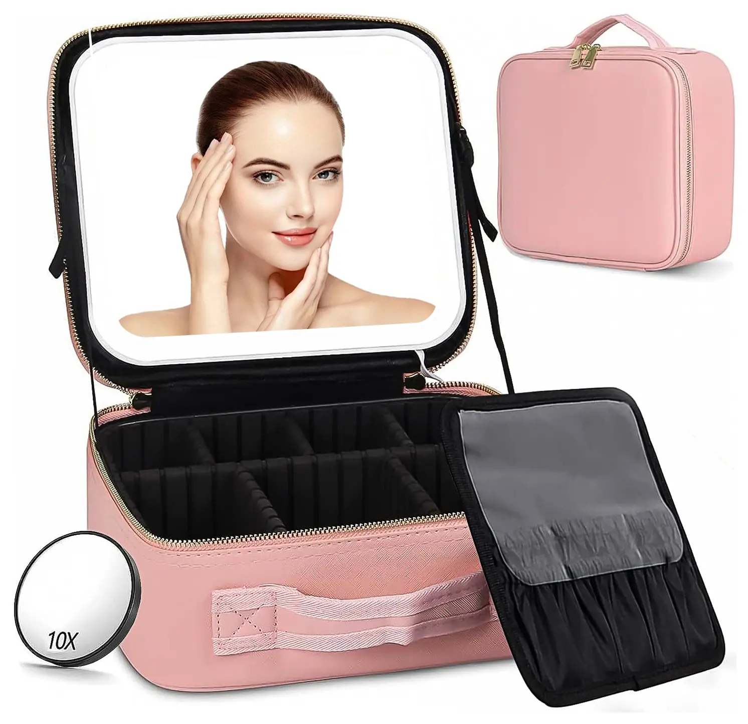 Makeup Bag with LED Mirror | Travel Cosmetic Organizer with Adjustable Dividers & Brush Storage