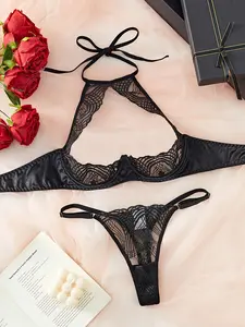2-piece Sexy Lingerie Sets for Women Exotic Matching Set Embroidery Black Silk Half-cup Bra Breast Exposure Sexy Women's Apparel Lingerie for Women Hot Sexy Disguise Underwear 2-piece Sets Bikini Set, Thong, Strap