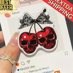 Cherry Skull Magnetic Phone Grip–Gothic Aesthetic, Cherry Skull Design, Amazing Phone Holder, Dark Fantasy Phone Accessory, Lace Bow Detail