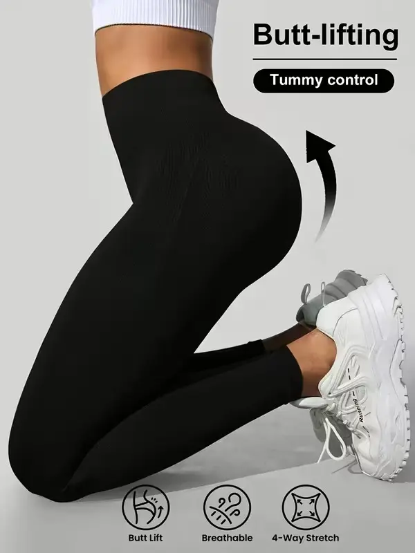 Women's High-Waisted Tummy Control Yoga Pants with Butt Lifter - Breathable 4-Way Stretch Leggings Suitable for Gym, Workout, Casual Attire - Solid Color Fitness Clothing