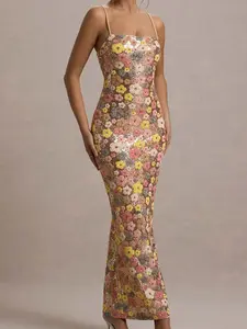 2026 Spring Summer New Women's Floral Flower Sparkle Patchwork Slim Formal Party Maxi Dress Straps Chic Fashion Elegance Sexy Sleeveless Evening Dress Suitable for Birthday Party, Office, Outdoor Shopping and Daily Wear