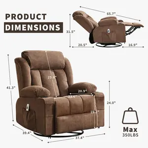 Oversized 360° Swivel Rocker Recliner Chair for Big and Tall Adults - Electric Glider with Heat, Massage, Remote Control, Cup Holders, Side Pockets, USB Charge Port - Brown Outdoor Furniture