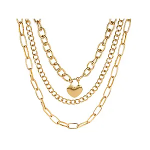 JTV Gold Tone 16mm Cable Necklace Set of 3 - 8mm Curb & Long Cable Links with Secure Lobster Closures for Versatile Styling