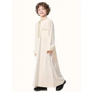 Traditional Arab Thobe - White Polyester, Long Sleeve, Golden Embroidery, Belted, Modest Fit for Eid and Ramadan, Eid Attire| Embroidered Thobe| Polyester Fabric, Thobe for Kids