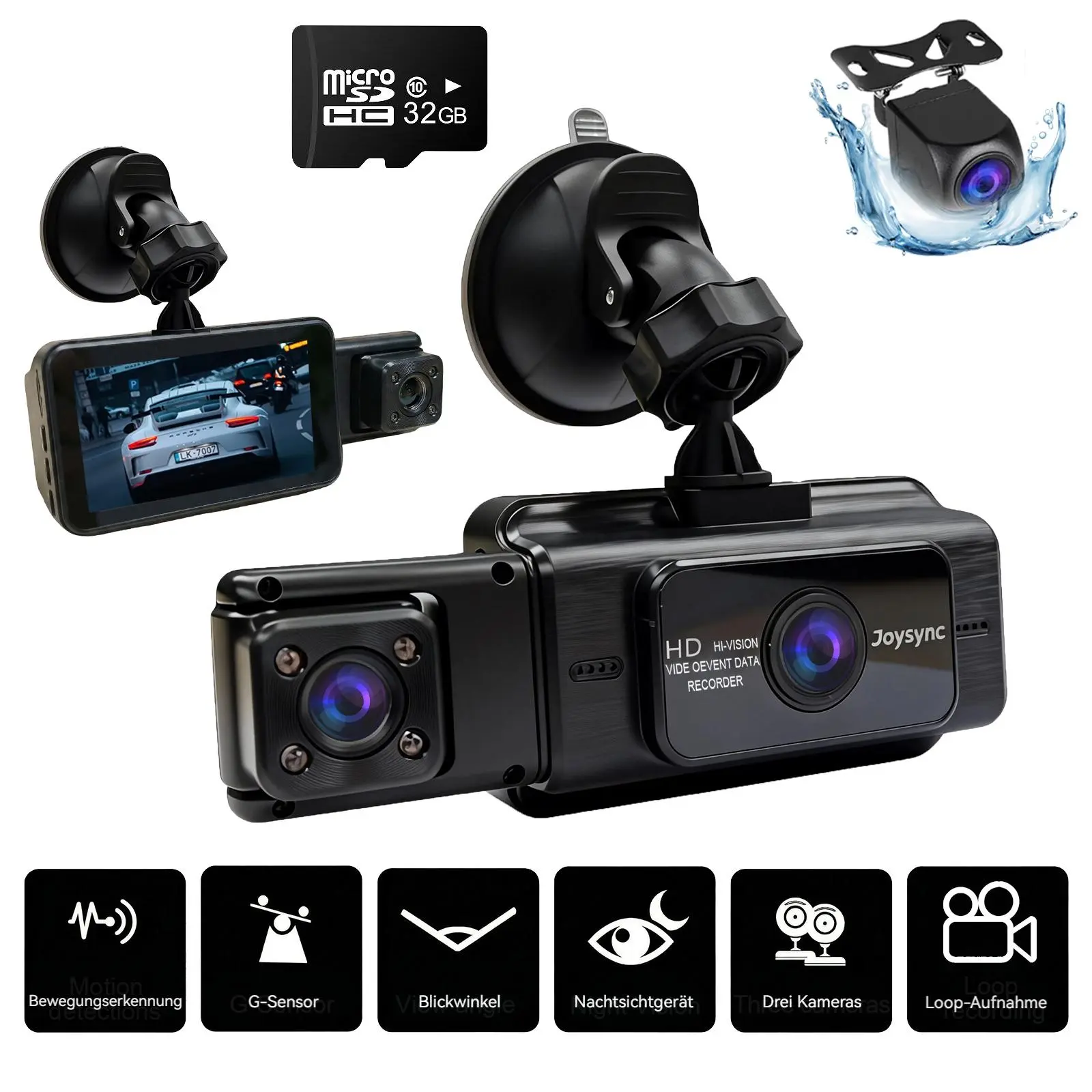 Joysync S15 1080p 3-Channel Car Dashcam for Front and Rear, FHD Car Dashcam with Front, Rear and Interior/Rear Cameras, including 32GB Card, Loop Recording, HDR, Night Vision, G-Sensor and Parking Monitoring