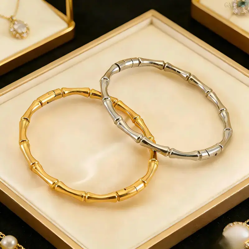 Minimalist Gold Bamboo Knot Bracelet Solid Stainless Steel Plain Wrist Jewelry Elegant Trendy Titanium Steel Bangle for Daily Dating Casual Wear Fashion Gift
