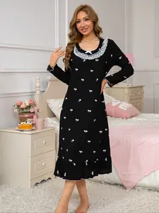 Chic Cherry Print Lace Collar Nightgown, Soft Comfortable Long Sleep Dress for Women, Ideal for Vacation & Relaxing at Home