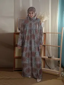 Women's Leopard Print Long Sleeve Dress with Hijab, Modest Casual Long Dress for Daily Wear, Ladies Islamic Clothing for All Seasons, Modest Muslim Outfits, Modest Style Dress, Islamic Clothes