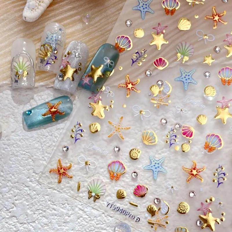 Seashell, Bow, Starfish Rhinestone, Glitter Rhinestones Nail Art Decoration Stickers, Decorative Nails, Hot Stamping Gold Deep-sea 5D Embossed Self-adhesive DIY Nail Decals, Nail Gems, Supplies and Charms for Women, Home Salon