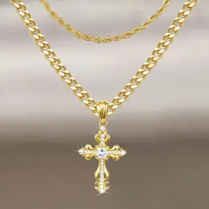 KissYan Layered Cross Necklace Faith Pendant For Men And Women, 14K Gold-Plated Delicate Cubic Zirconia Pendant Necklace, Fashionable Religious & Jewelry For Valentine's Day Gifts