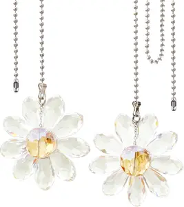 Ceiling Fan Pull Chain, 2 count 1.8"  Glass Flower Pendants with 24" Ceiling Fan Chain Extender and Connector (Clear)