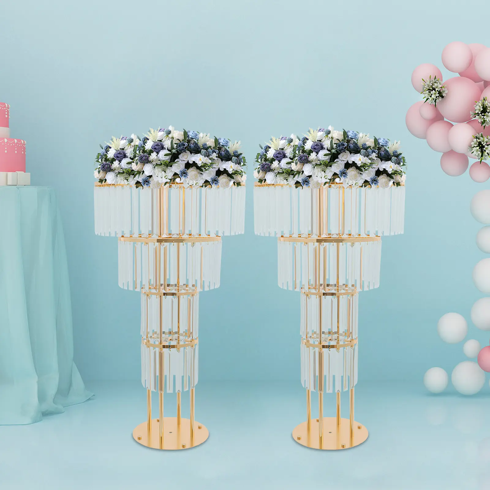 4-Tier Gold Iron Flower Stand Set with Acrylic Crystal Pendants & 11 lbs Load Capacity, 35.4 Inch Tall Decorative Display Rack for DIY Floral Balloon Arrangements, Wedding Centerpiece, Party Banquet, Event Reception, Home Living Room Decor