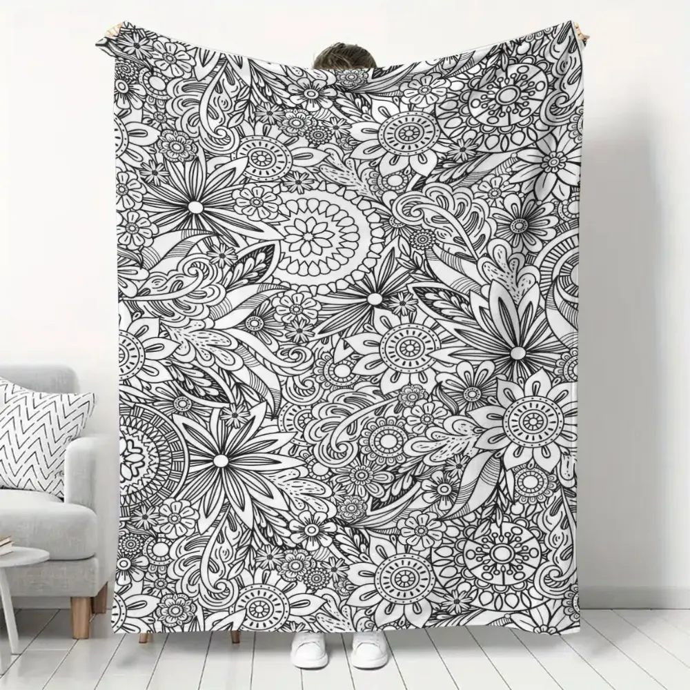 Black White Floral Mandala Art Blanket, Soft Flannel Bedroom Throw with Boho Flower Paisley Coloring Book Print for Women Teens and Art Lovers, Reading Chair Comfort, Dorm Styling, Creative Naps and Calm Monochrome Decor