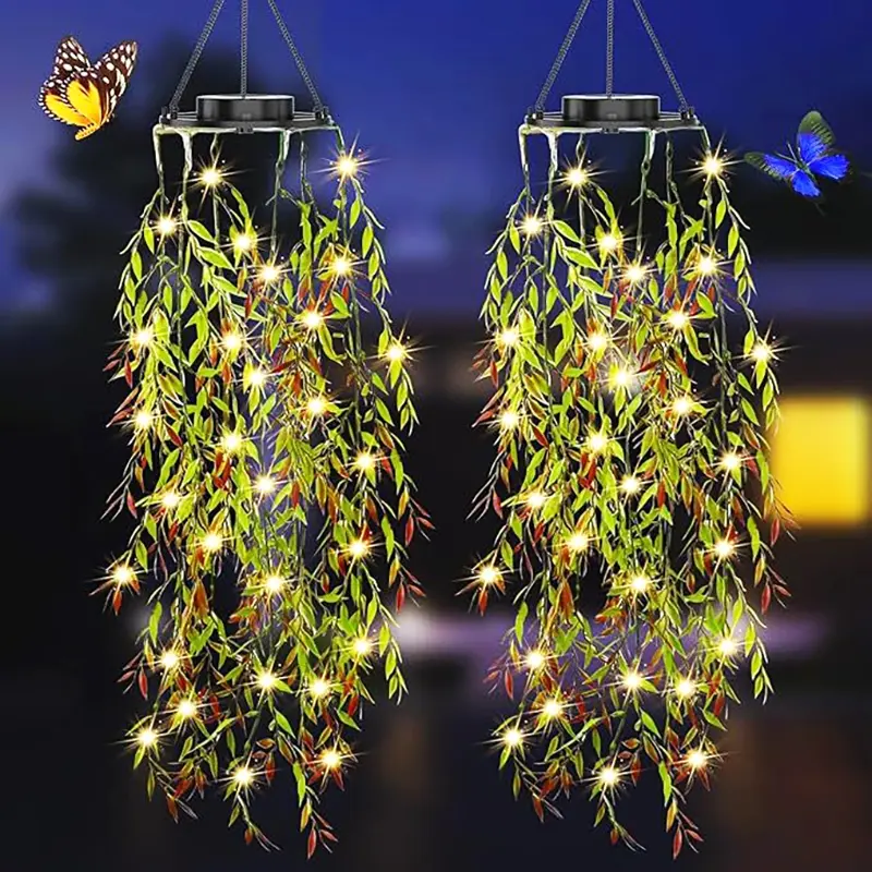 2-Piece Solar Powered Hanging Garden Lights, LED Solar Illuminated Outdoor Decorative String Lights, Ip65 Waterproof Faux Plant Lights with Hooks