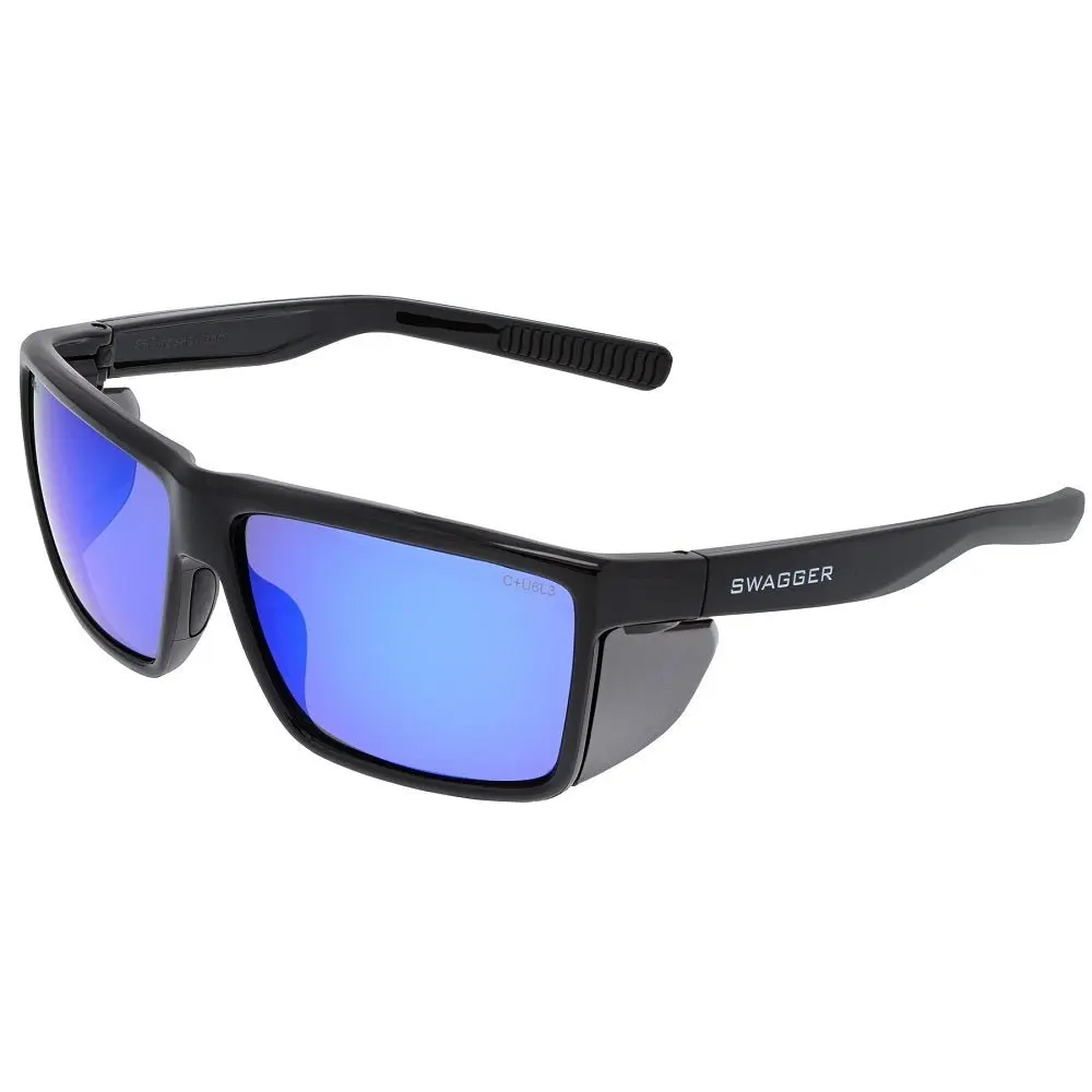 MCR Swagger SR218BZ Retro Black Work Safety Glasses - Polycarbonate Polarized Lenses, Blue Diamond Mirror, Side Shields, Soft Secure TPR Nose Pad & Temple Ends, Reduces Eye-Strain for Work Day Use, Soft, Secure Tpr Nose Pad And Temple Ends