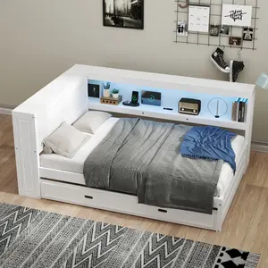 Full Size Bed Frame with Charging Station and LED Lights, Full Daybed with Trundle Storage Shelves Bookcase, L Shape Floor Bed, Wood Modern Platform Bed with Headboard, No Box Spring Needed(White, Full)
