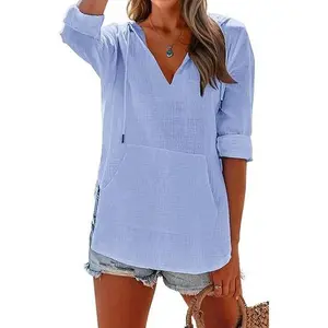 【NEW】Sovelen Women's Beach Cover Up hoodies sweatshirt Long Sleeve V Neck Pocketed Hooded Shirt Top