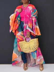 Women's Boho Floral Print Cardigan, Loose-Fit Long Sleeve, Asymmetrical Hem, Summer Vacation Outerwear, Casual Beach Wear, Bohemian Cover Up, Beach Coverup