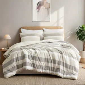 REGENCY HEIGHTS RH10-0017 Stripe Textured Print Neutral Full-Queen Comforter Set, Queen Comforter Set for Bedding Collections